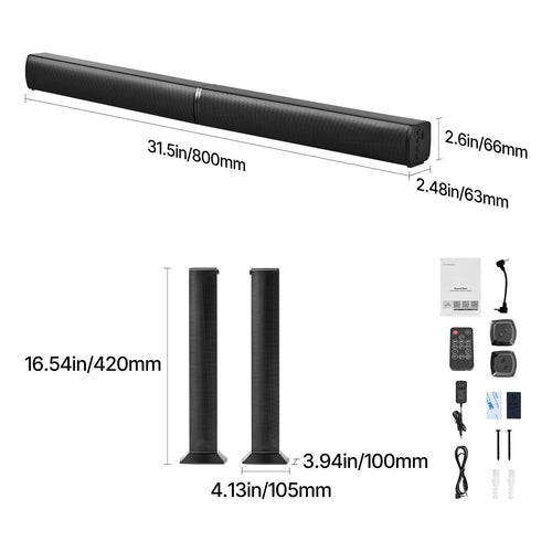 Sound Bar for Smart TV, 2.0 Channel, 32-Inch 2 in 1 Detachable