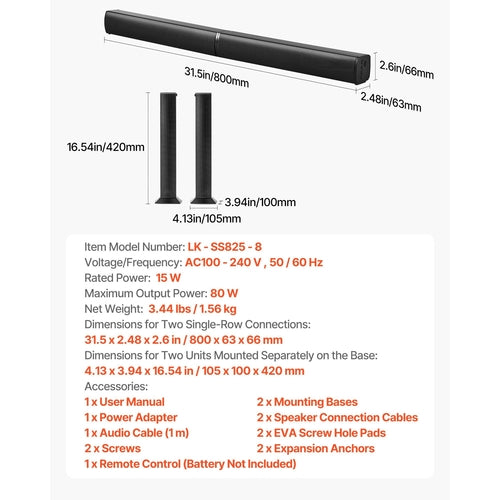 Sound Bar for Smart TV, 2.0 Channel, 32-Inch 2 in 1 Detachable